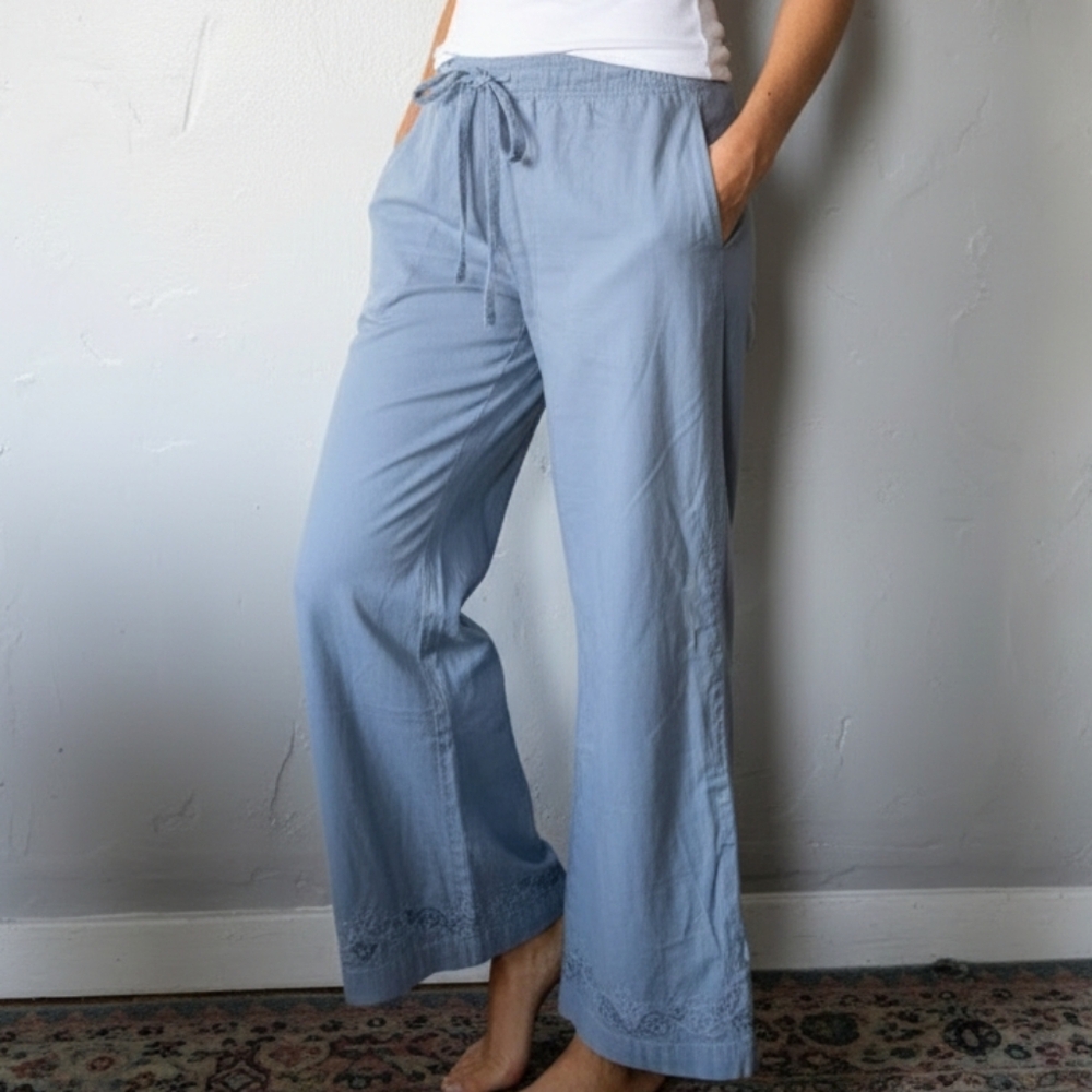 Prana Light Blue Wide-Leg Drawstring Pants